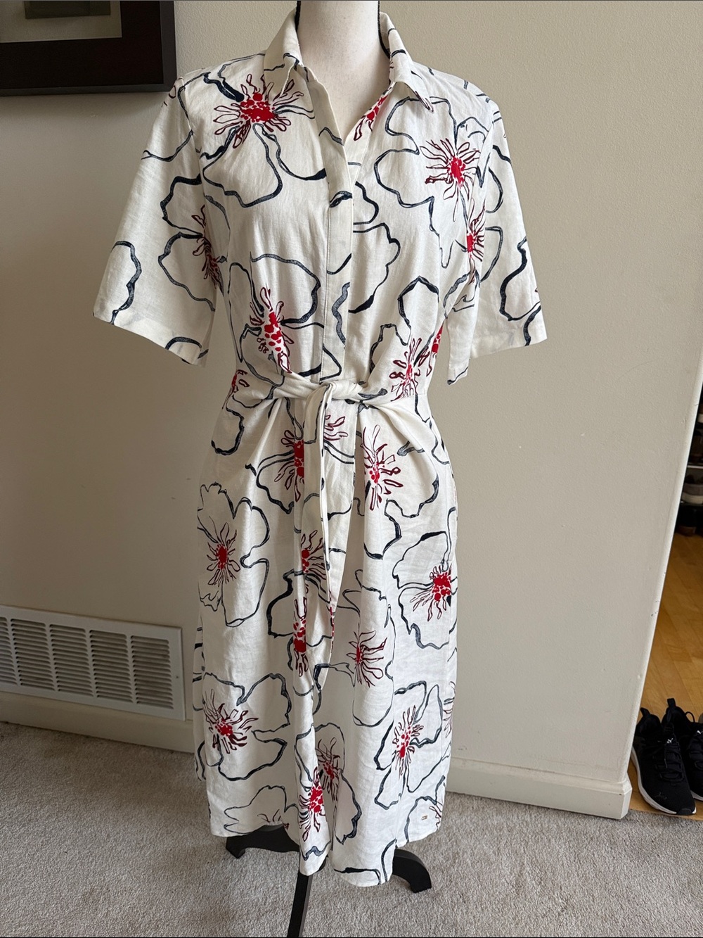 Tommy Hilfiger White Midi Shirt Dress with Navy & Red Floral Print